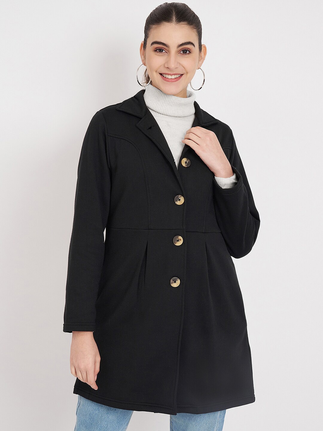 

BRINNS Notched Collar Hip Length Fleece Overcoat, Black