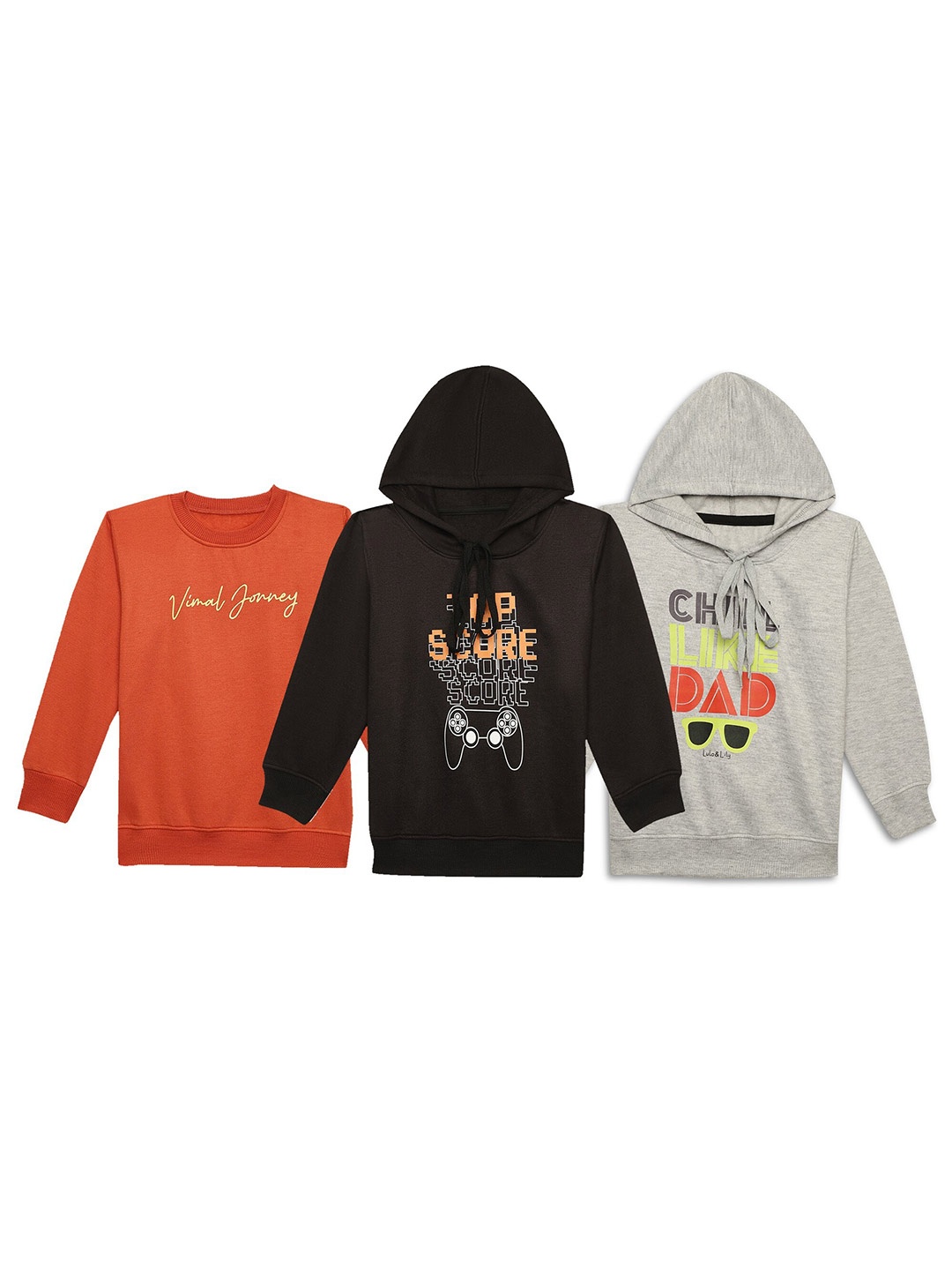 

VIMAL JONNEY Kids Pack Of 3 Typography Printed Hooded Fleece Sweatshirt, Black