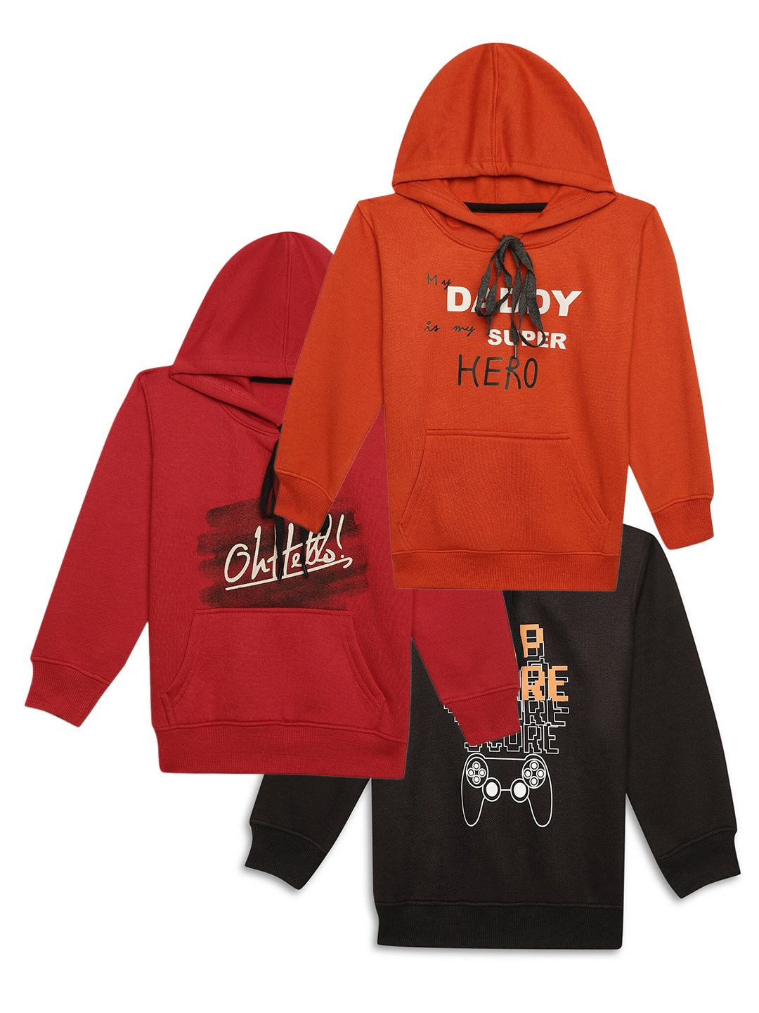 

MACK JONNEY Kids Pack Of 3 Typography Printed Hooded Fleece Pullover, Orange