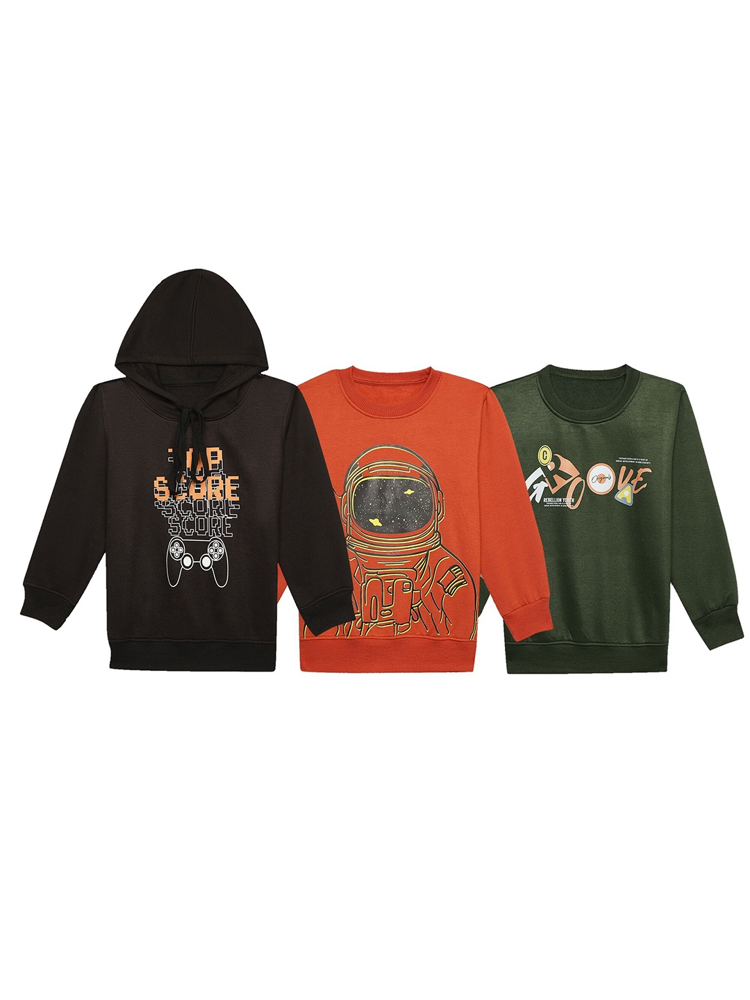 

MACK JONNEY Kids Pack Of 3 Graphic Printed Cotton Fleece Pullover Sweatshirts, Grey