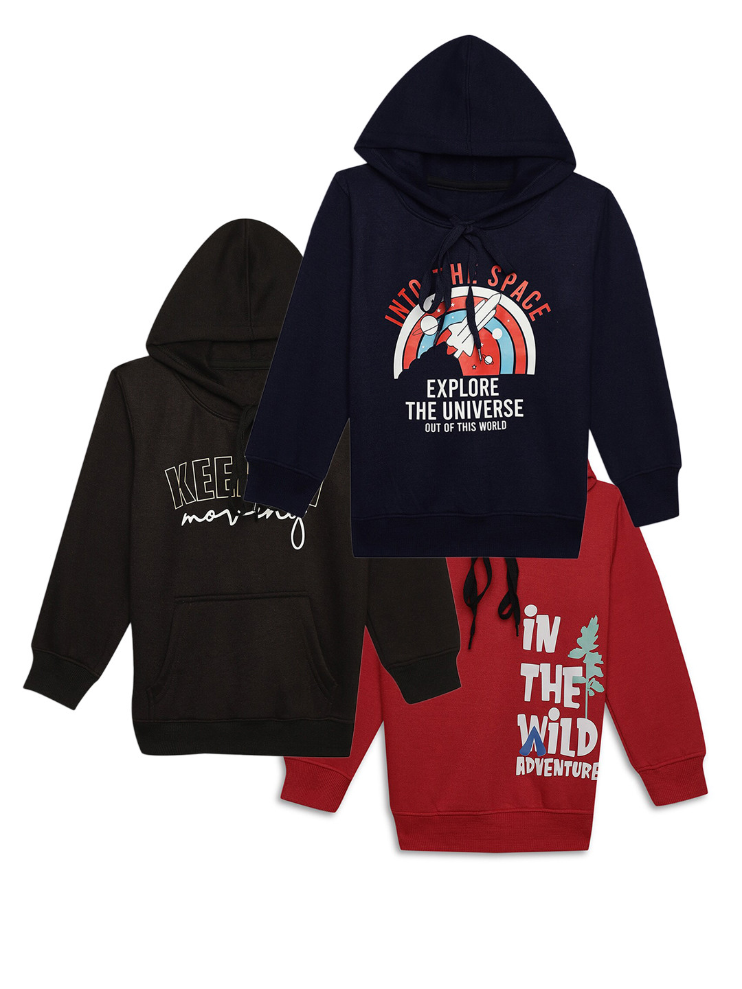 

MACK JONNEY Kids Pack Of 3 Typography Printed Hooded Cotton Fleece Pullover Sweatshirts, Navy blue