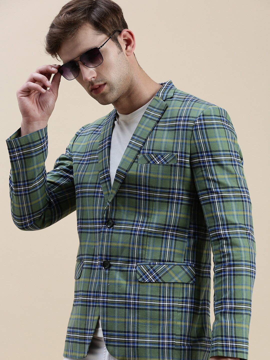 

SHOWOFF Checked Notched Lapel Slim-Fit Single-Breasted Blazer, Green