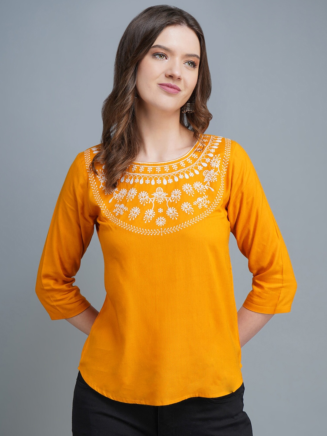 

MANKSH Mustard Yellow Embroidered Top