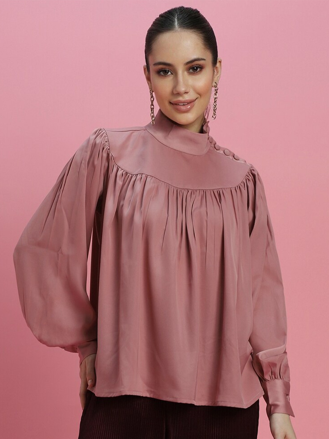 

FOREVER 21 High Neck Puff Sleeves A-Line Top, Pink