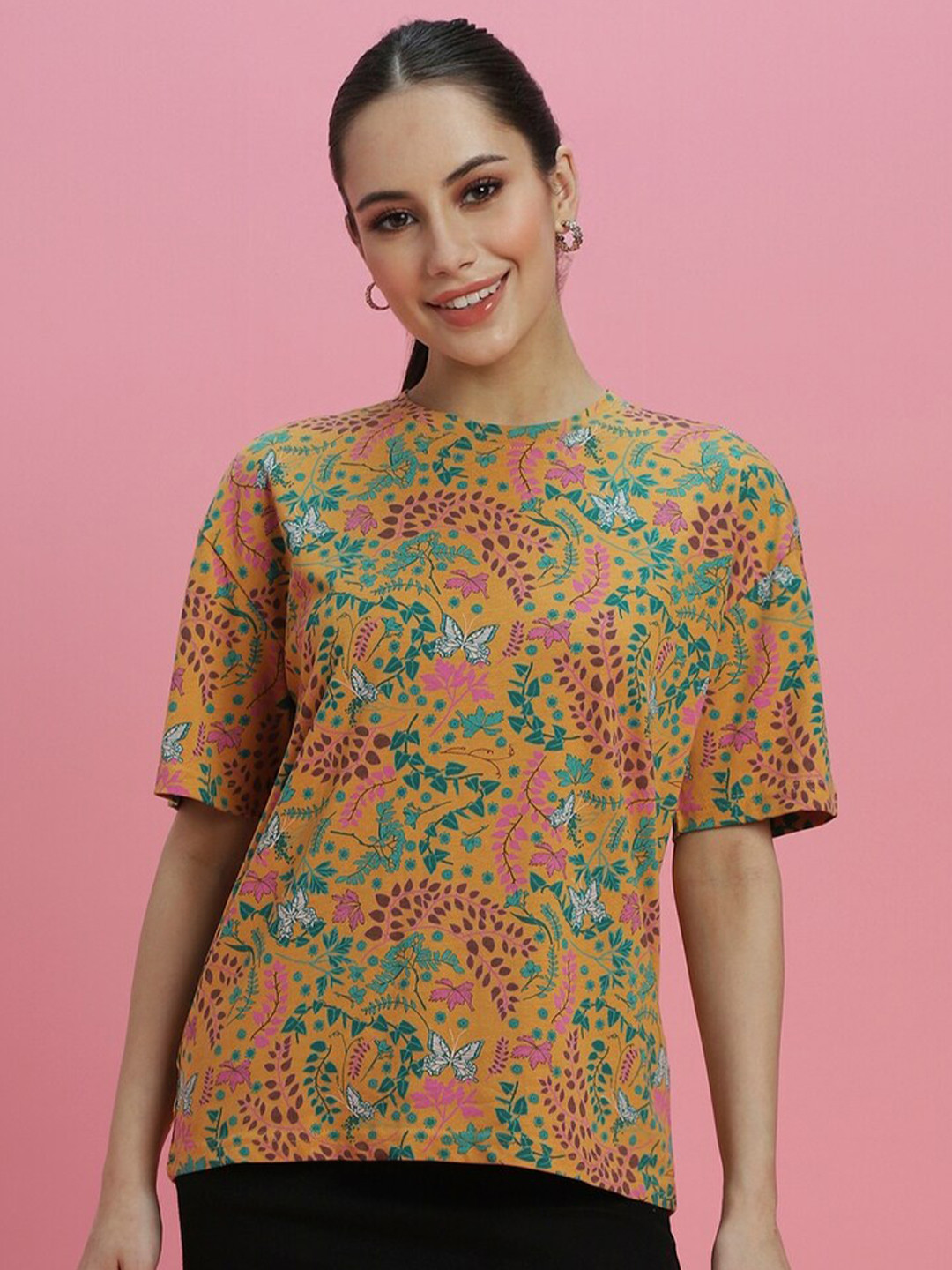 

FOREVER 21 Floral Printed Drop Shoulder Sleeves Cotton Top, Beige