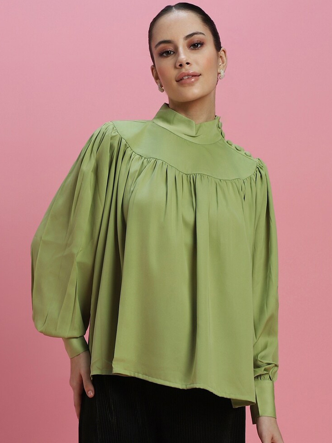 

FOREVER 21 High Neck Puff Sleeves A-Line Top, Green