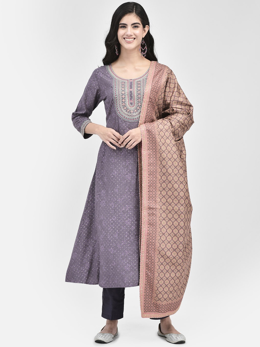 

Span Ethnic Motifs Printed A-Line Kurta, Purple