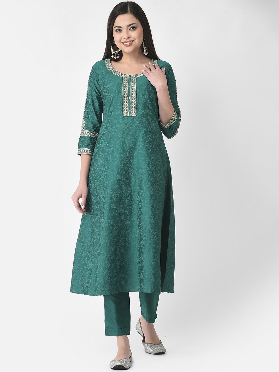 

Span Ethnic Motifs Woven Design Straight Silk Kurta, Green