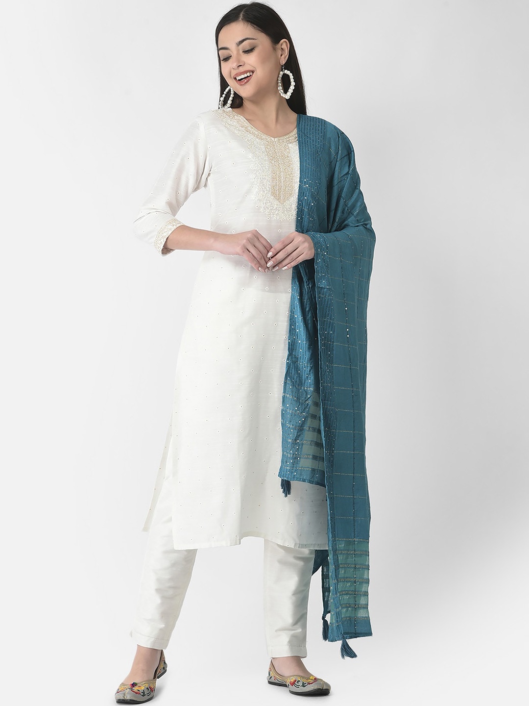 

Span Floral Embroidered Silk Straight Kurta, White