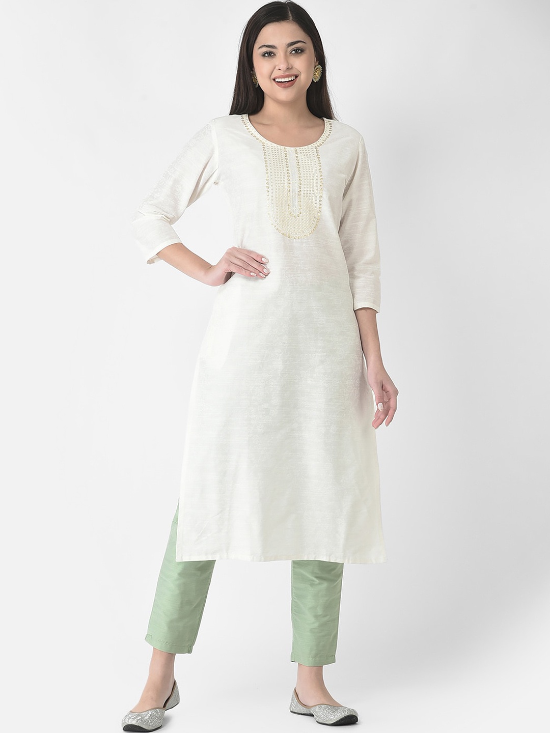 

Span Floral Printed Sequinned Straight Kurta, White