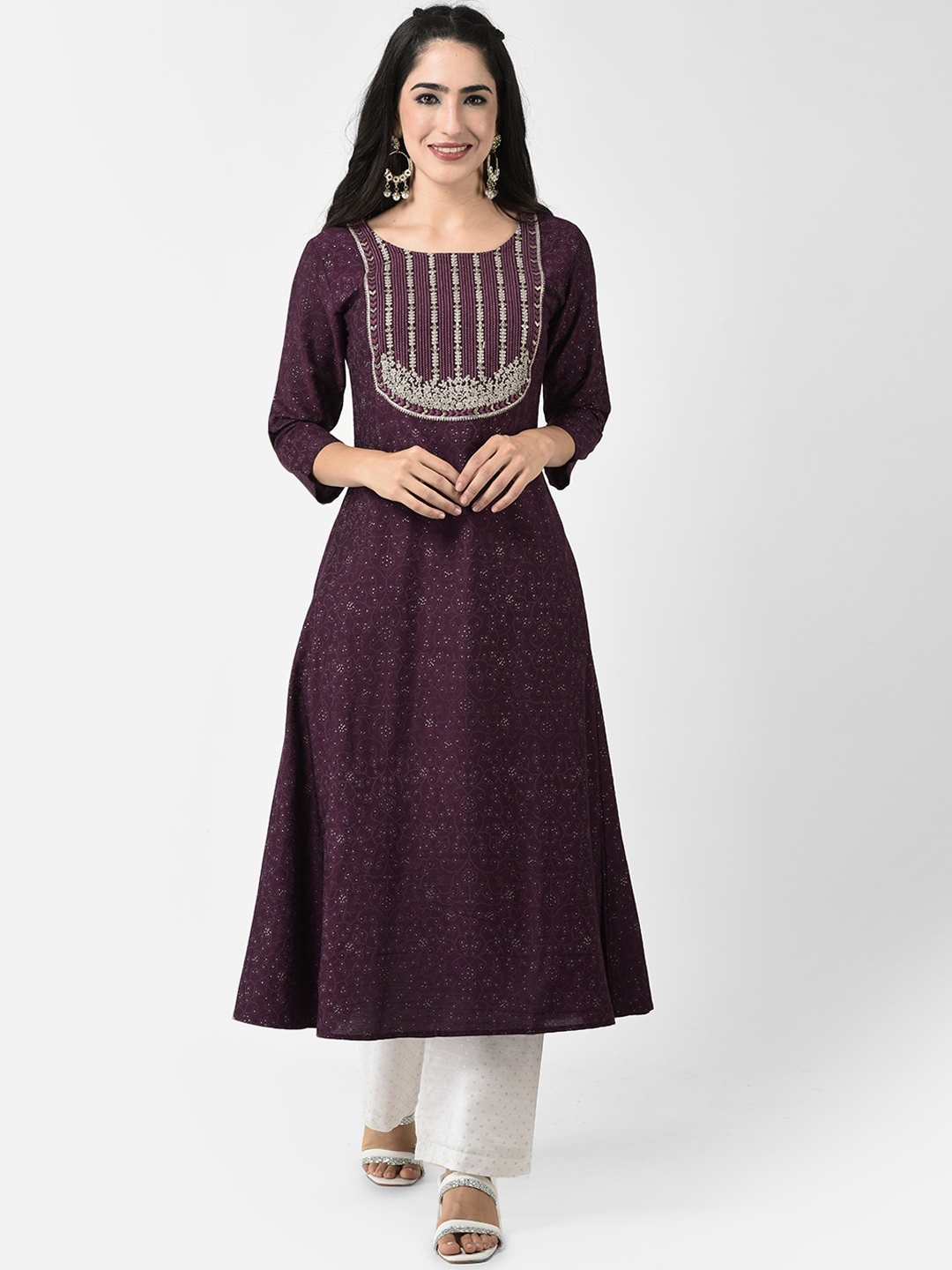 

Span Bandhani Printed Thread Work A-Line Kurta, Purple