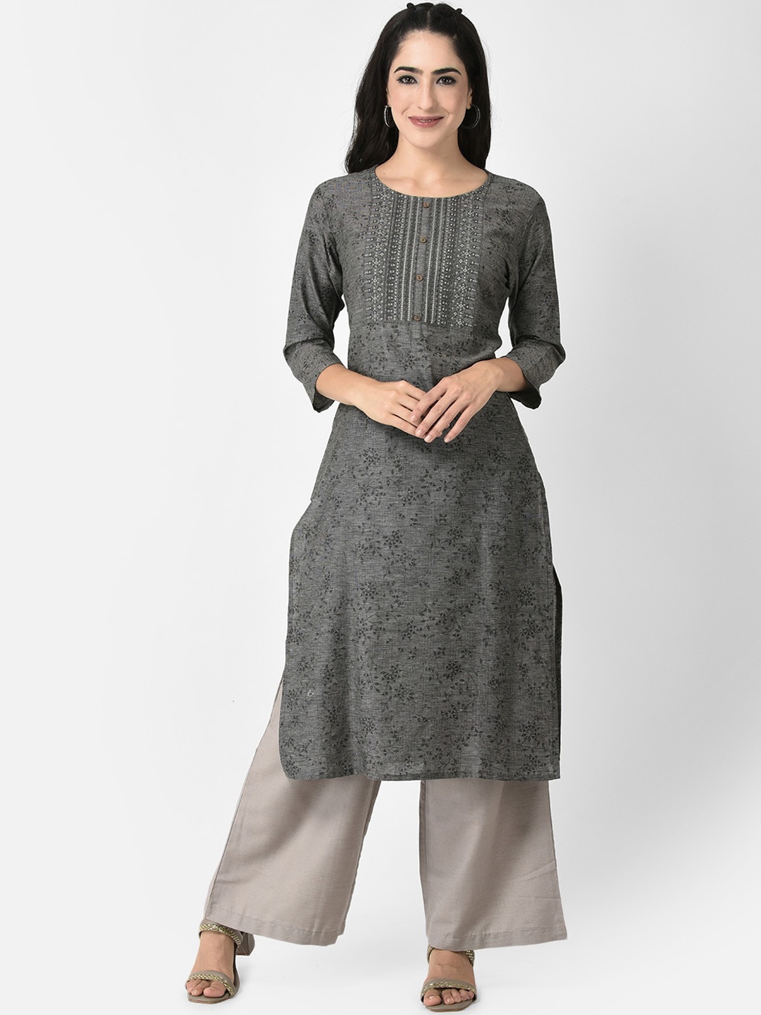 

Span Ethnic Motifs Printed Cotton Beads & Stones Kurta, Grey