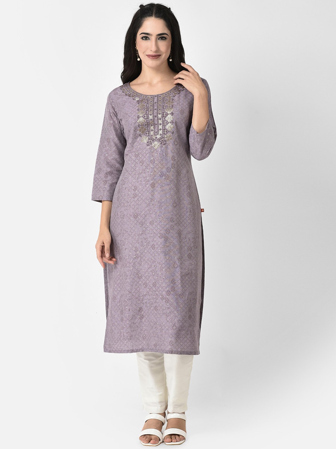 

Span Floral Printed Thread Work Silk Straight Kurta, Purple