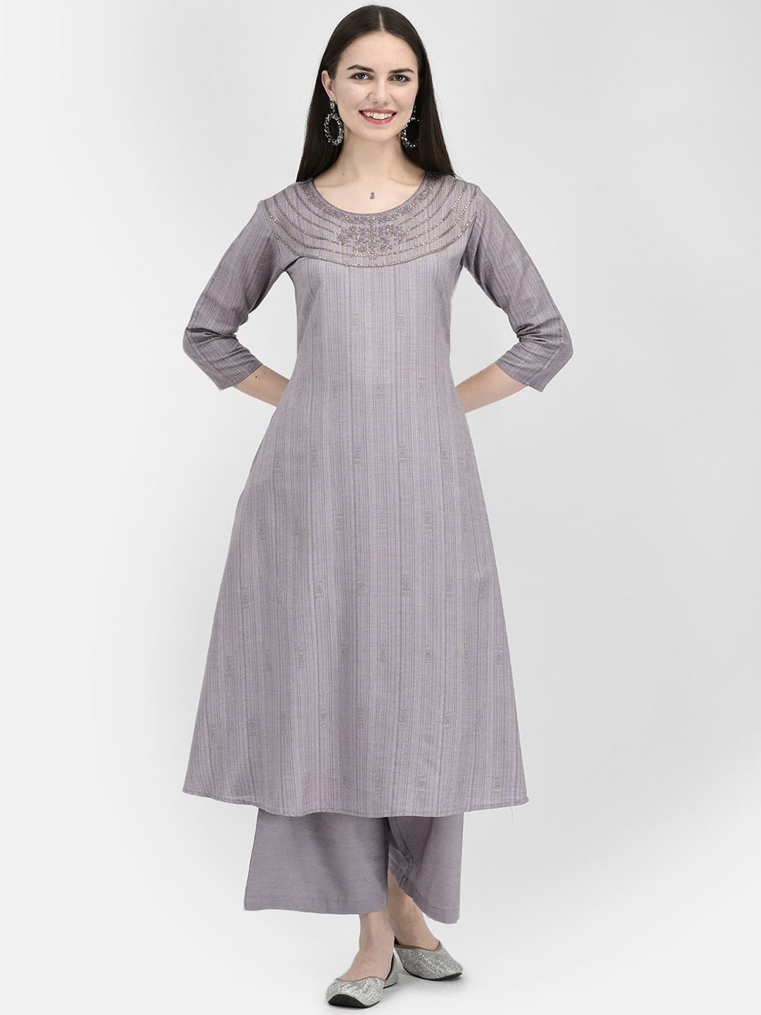 

Span Striped Sequined Pure Cotton A-Line Kurta, Purple