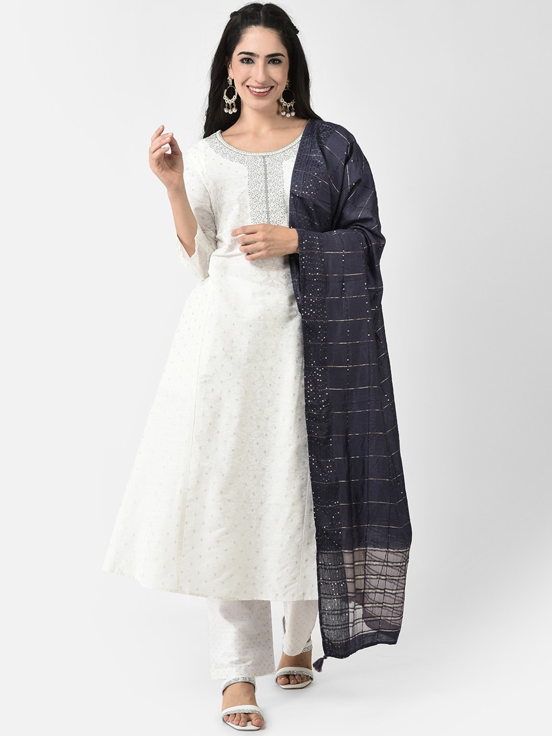 

Span Floral Printed Thread Work Silk A-Line Kurta, White