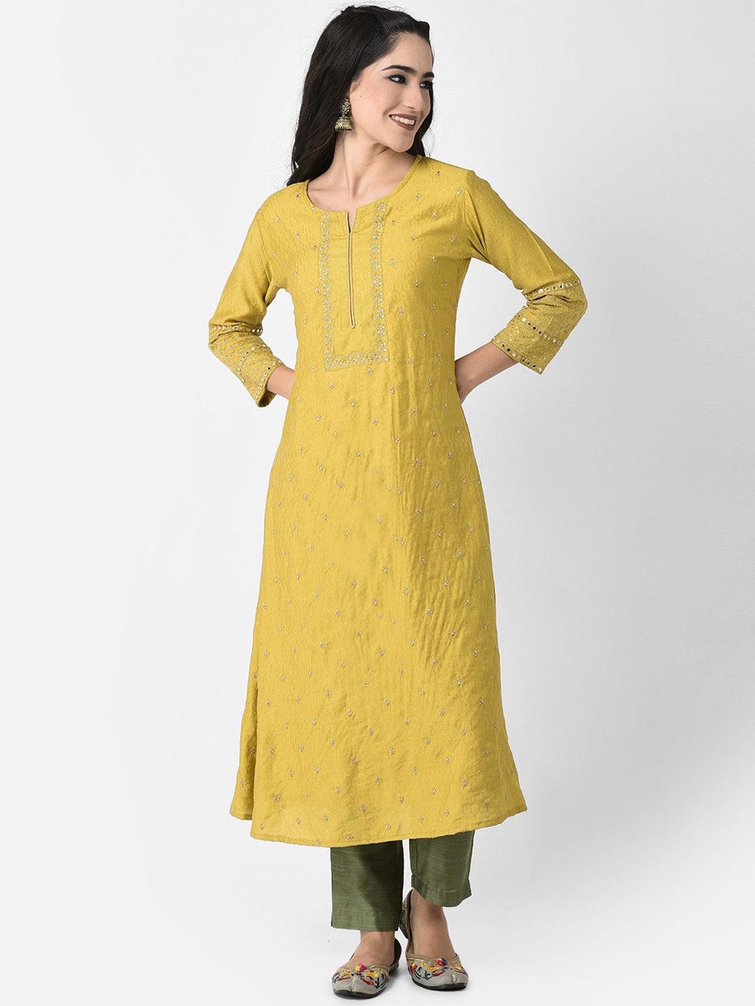 

Span Ethnic Motifs Printed Thread Work A-Line Kurta, Yellow