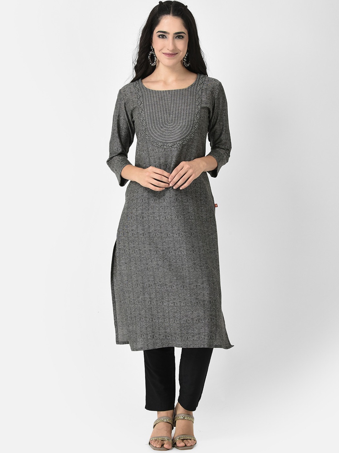 

Span Ethnic Motifs Printed Thread Work Straight Kurta, Black