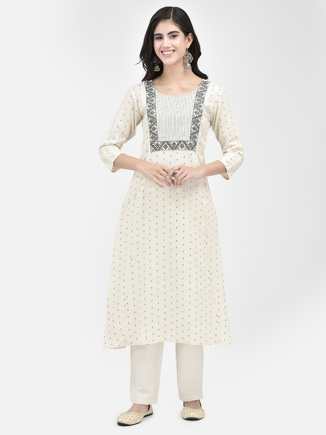 

Span Ethnic Motifs Printed Thread Work Cotton A-Line Kurta, White