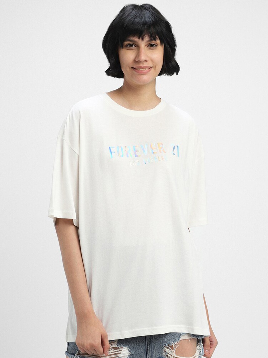 

FOREVER 21 Typography Printed Round Neck Pure Cotton T-shirt, White