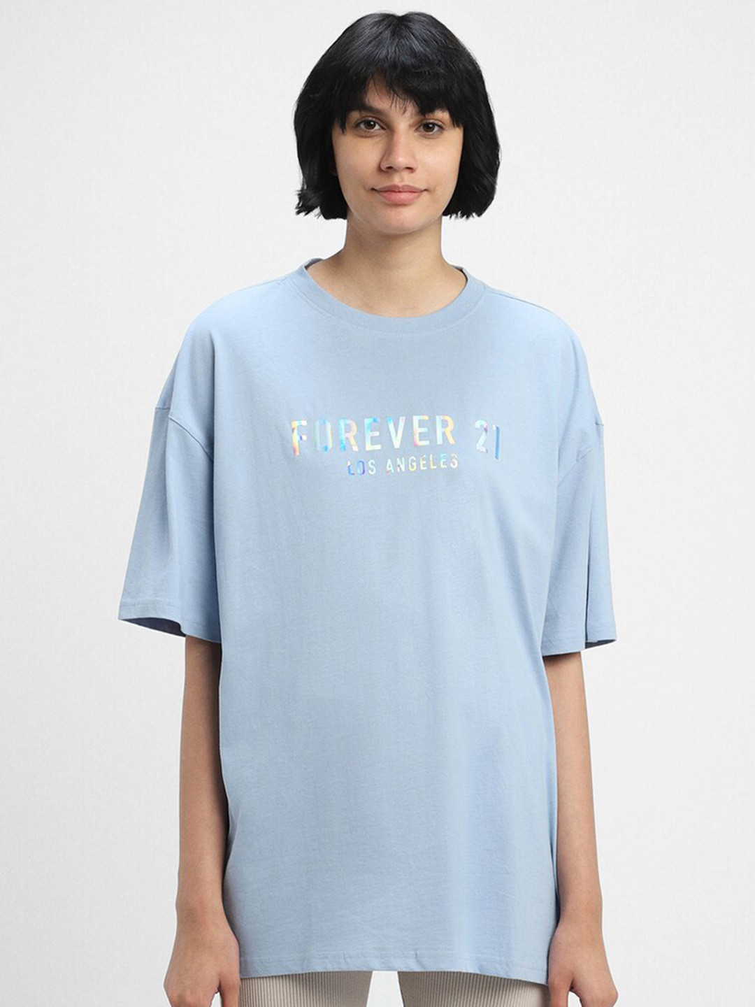 

FOREVER 21 Typography Printed Round Neck Pure Cotton T-shirt, Blue