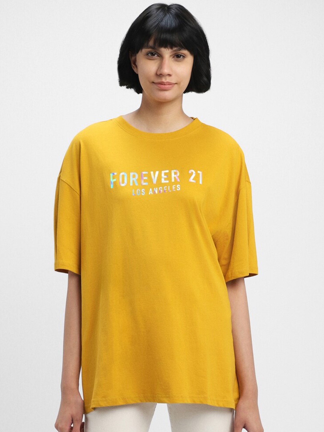 

FOREVER 21 Typography Printed Round Neck Pure Cotton T-shirt, Yellow