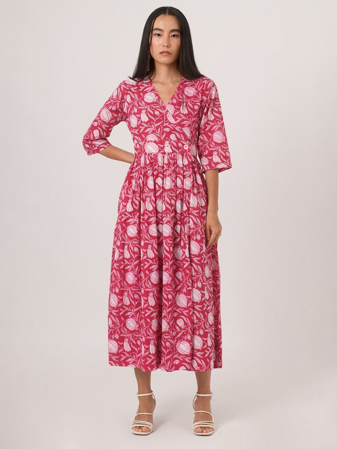 

Prakriti Jaipur Floral Printed Gathered or Pleated Cotton Wrap Midi Dress, Pink