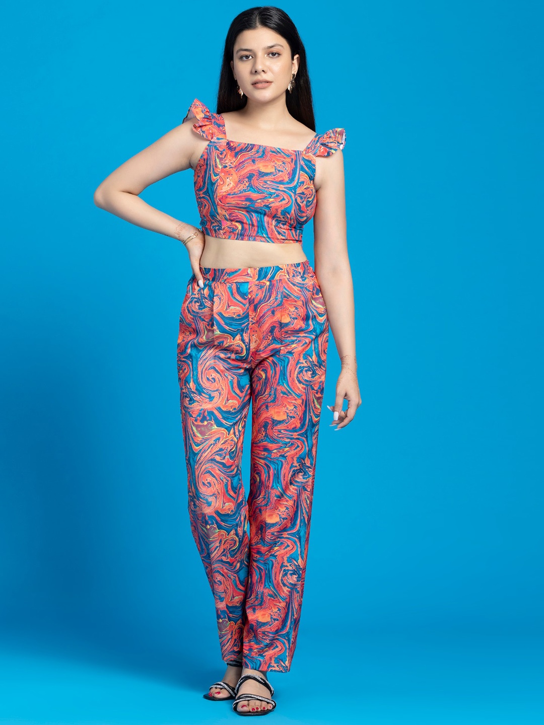 

OCTICS Printed Crop-Top With Trouser Co-Ords, Blue