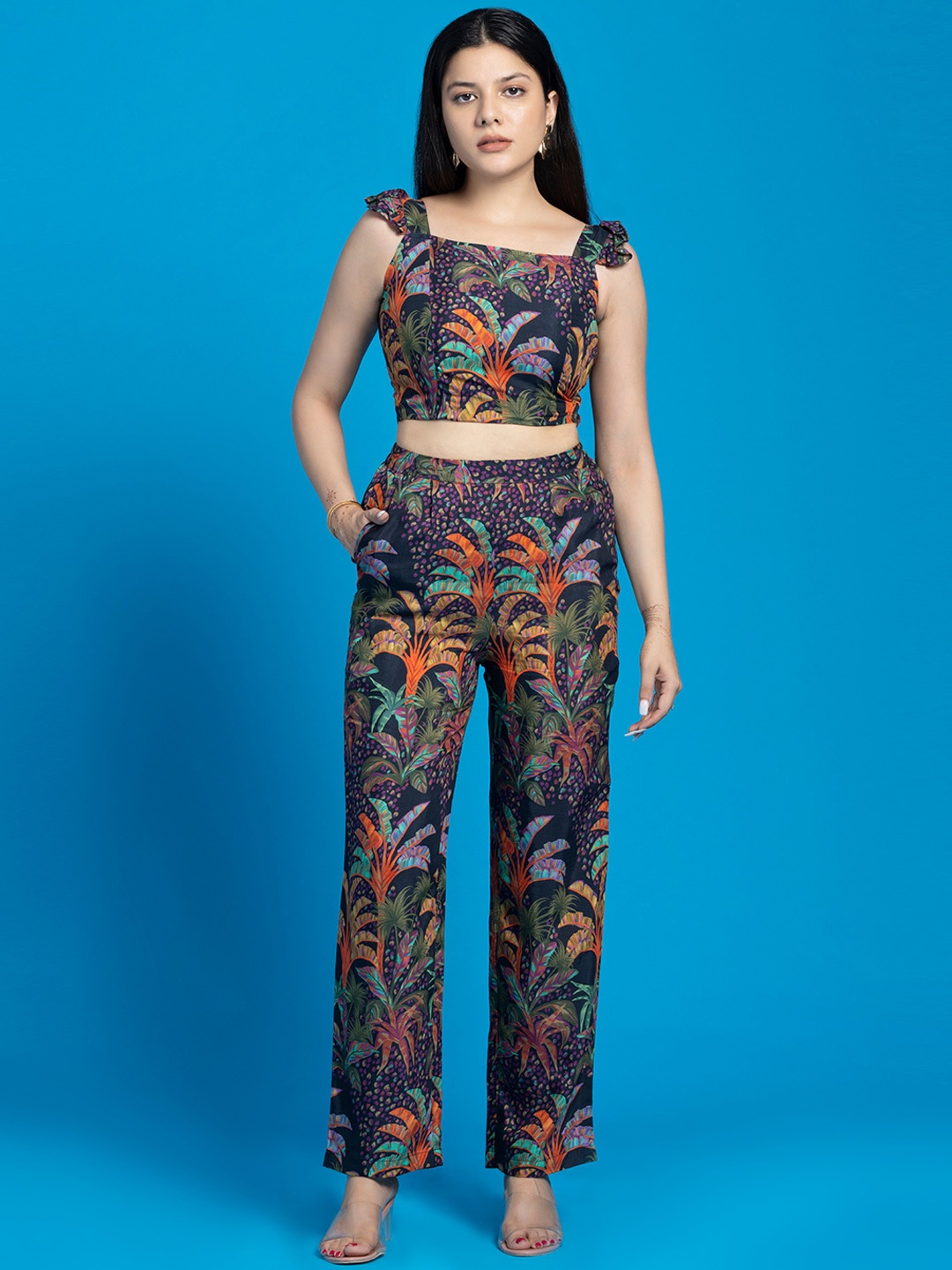 

OCTICS Floral Printed Crop Top With Trouser, Black