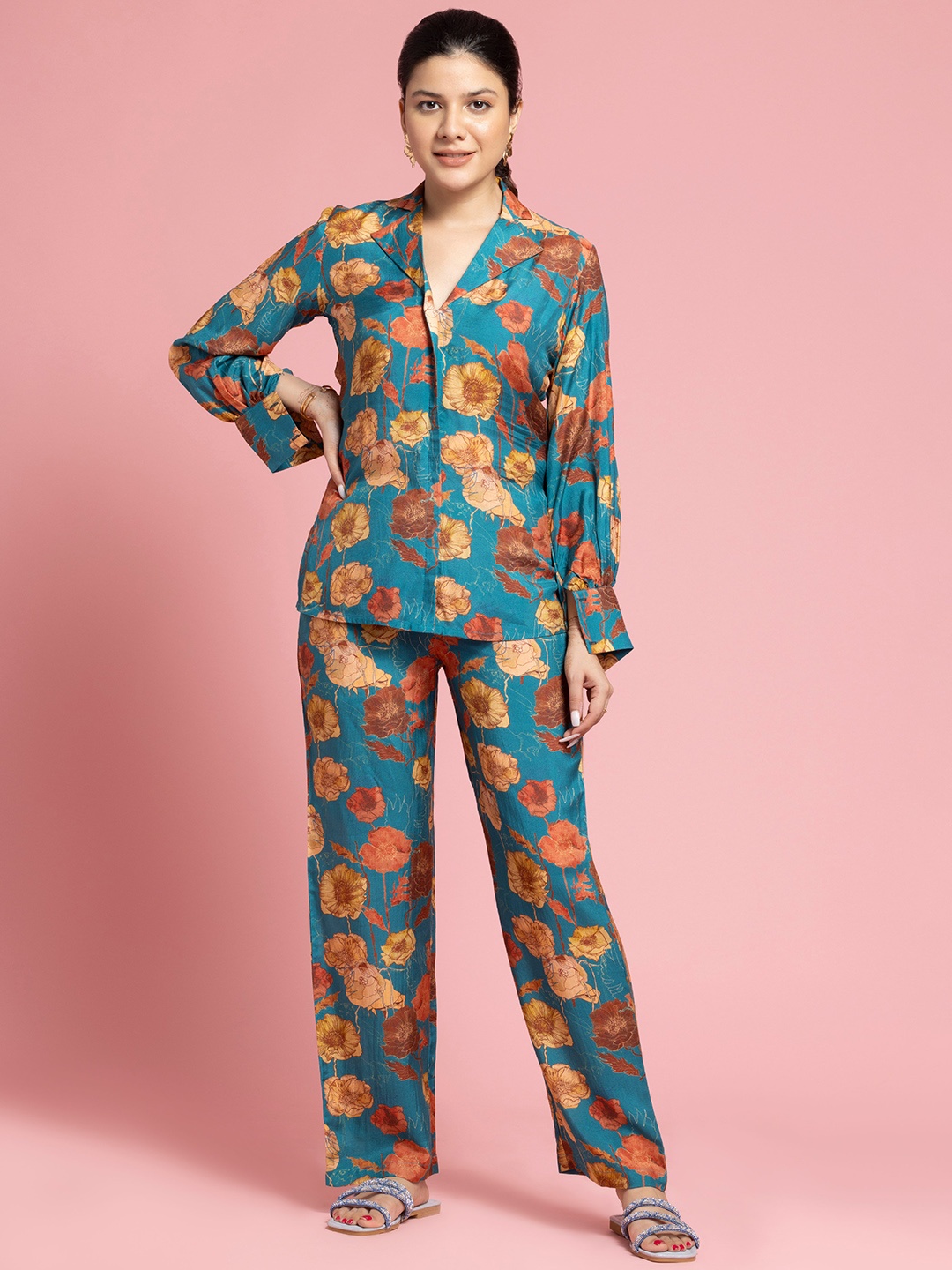 

OCTICS Floral Printed Shirt With Trousers, Blue