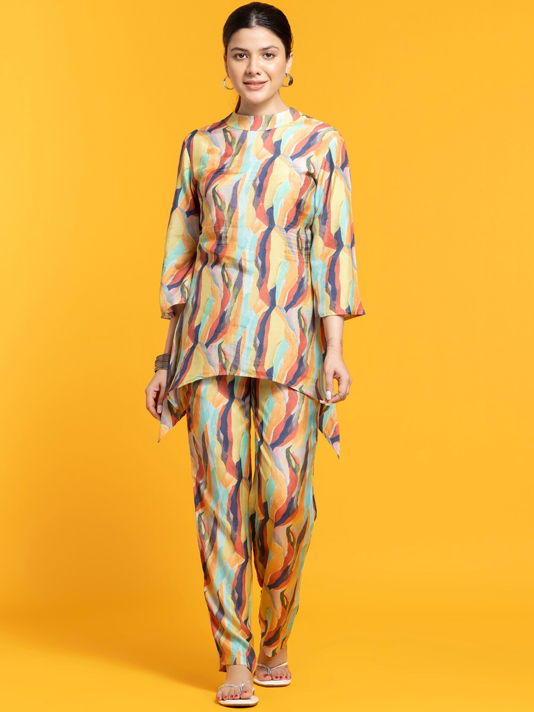 

OCTICS Abstract Printed High Neck Top With Trousers, Yellow