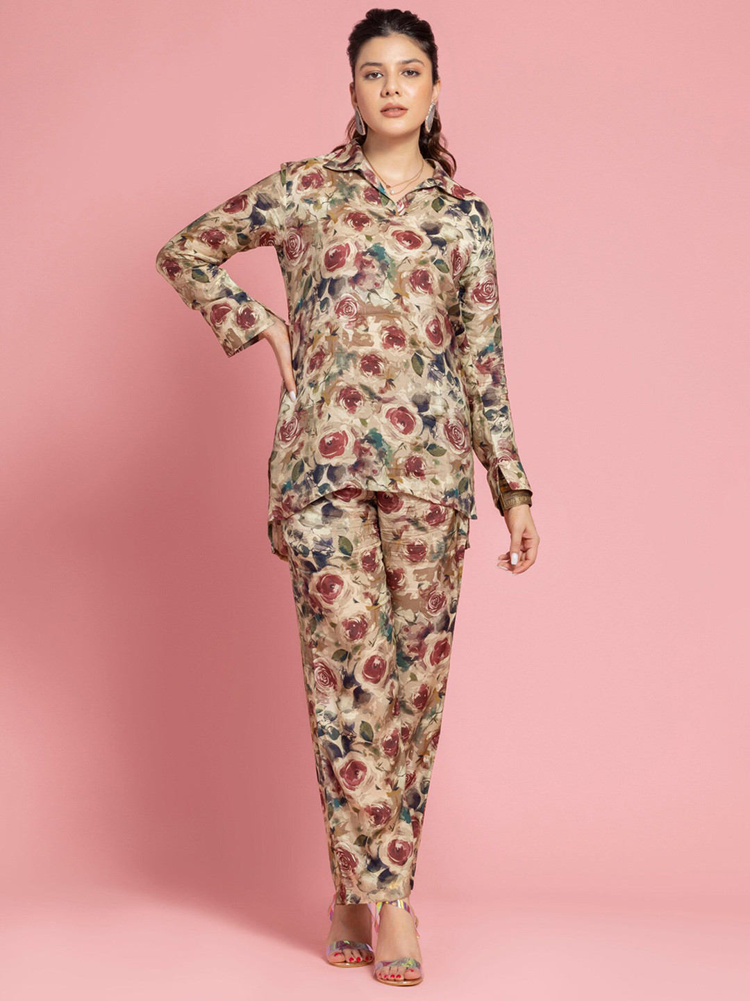 

OCTICS Floral Printed Shirt Collar Cuffed Sleeve Top With Trousers, Beige