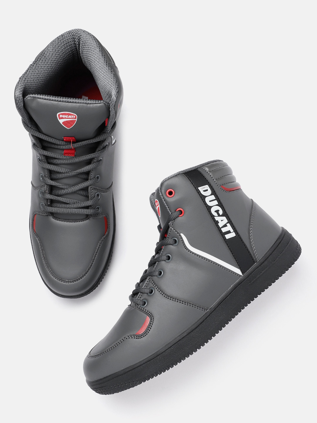 

Ducati Men Brand Logo Printed Detail Round-Toe Mid-Top Sneakers, Grey
