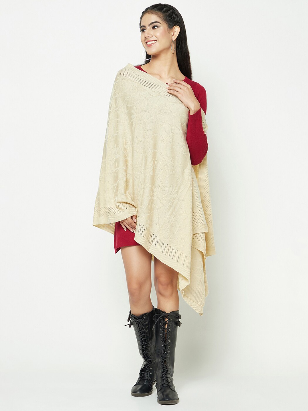 

Knitstudio Floral Self Design Knitted Shawl, Beige