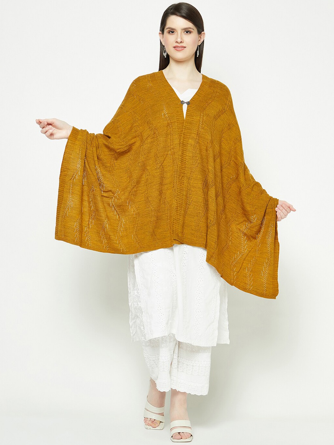 

Knitstudio Women Geometric Woven Design Shawl, Mustard