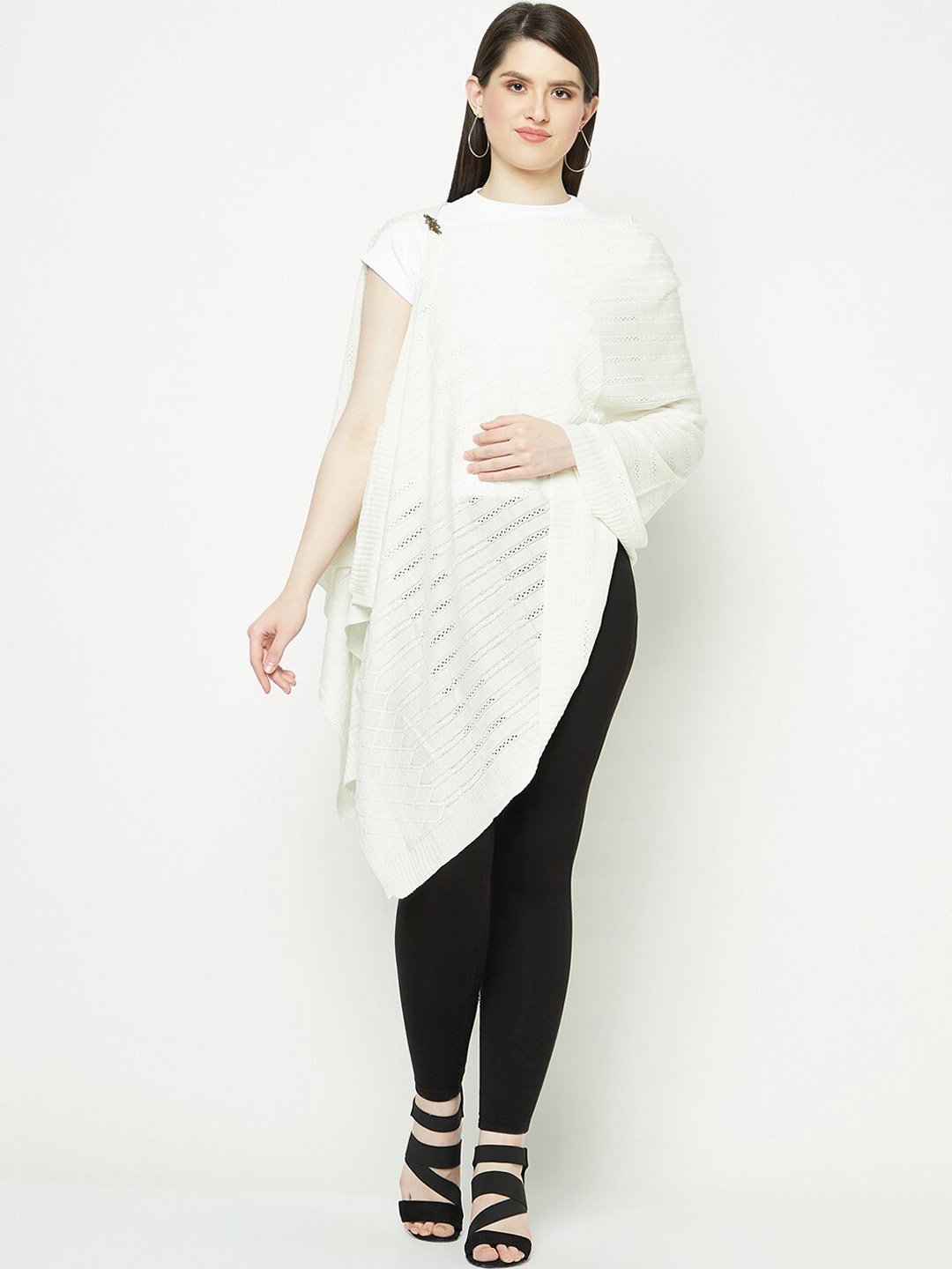 

Knitstudio Women Geometric Woven Design Shawl, White