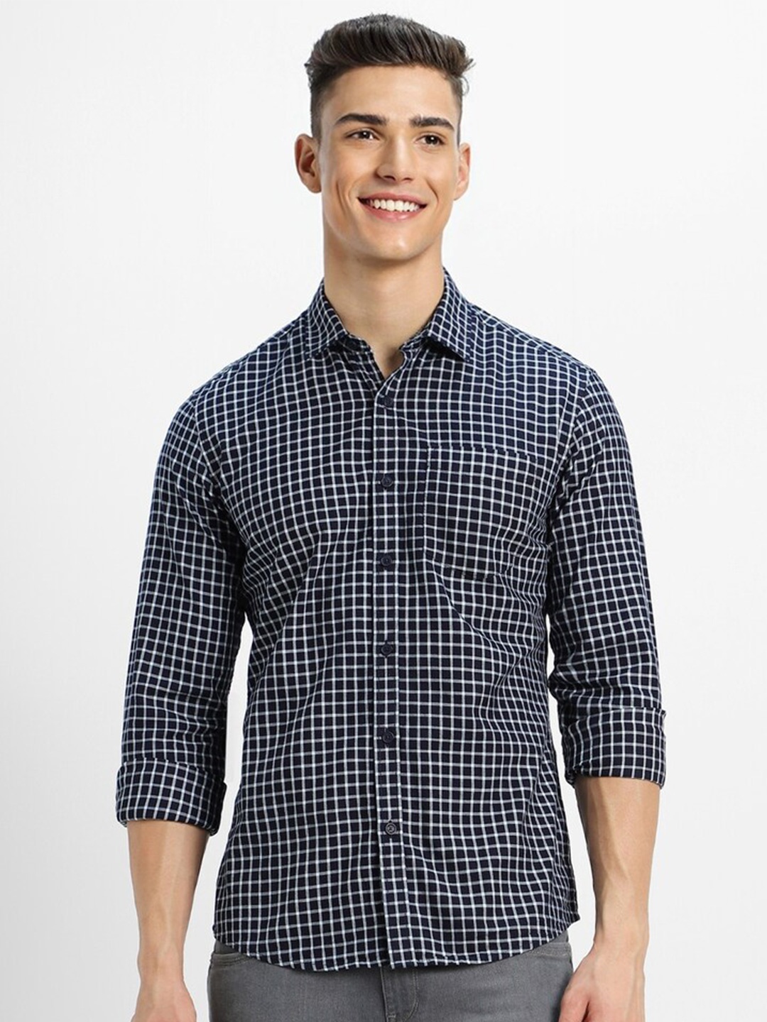 

FOREVER 21 Grid Tattersall Checks Pure Cotton Casual Shirt, Navy blue