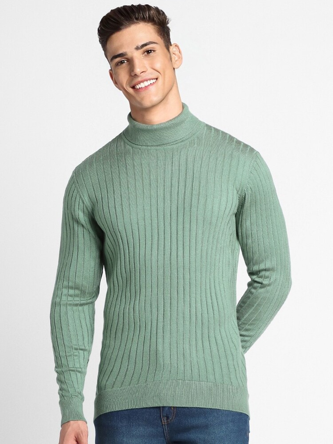 

FOREVER 21 Self Striped Turtle Neck Acrylic Pullover, Sea green