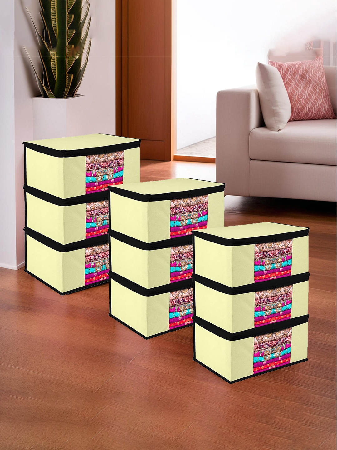 

Kuber Industries Set of 9 Yellow Black Fabric Drawer Organiser, Cream