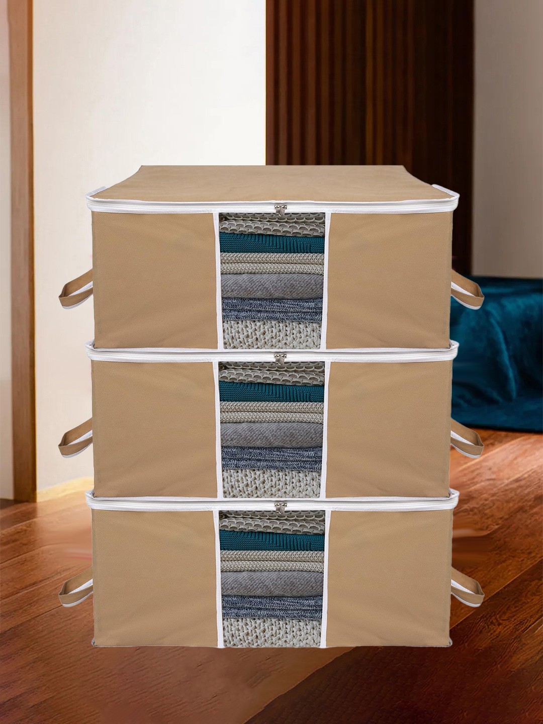 

Kuber Industries Brown & White 3 Pieces Storage Bag Organiser