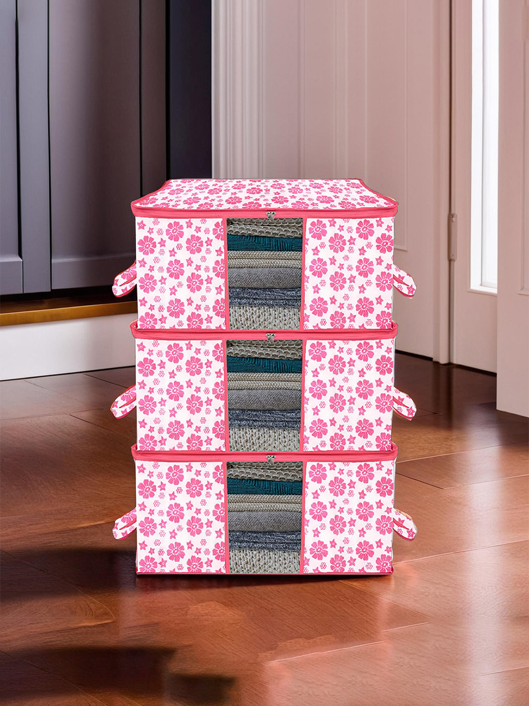 

Kuber Industries Pink 3 Pieces Printed Saree Organisers