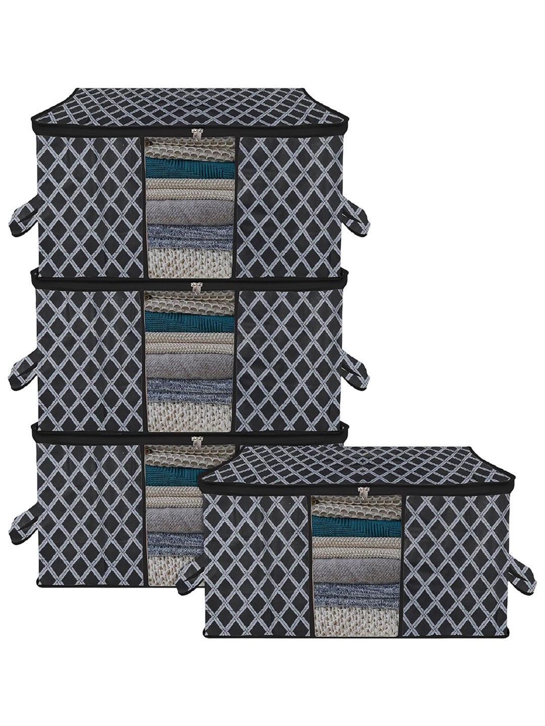 

Kuber Industries Black & White 4 Pieces Checked Printed Multi-Utility Organisers