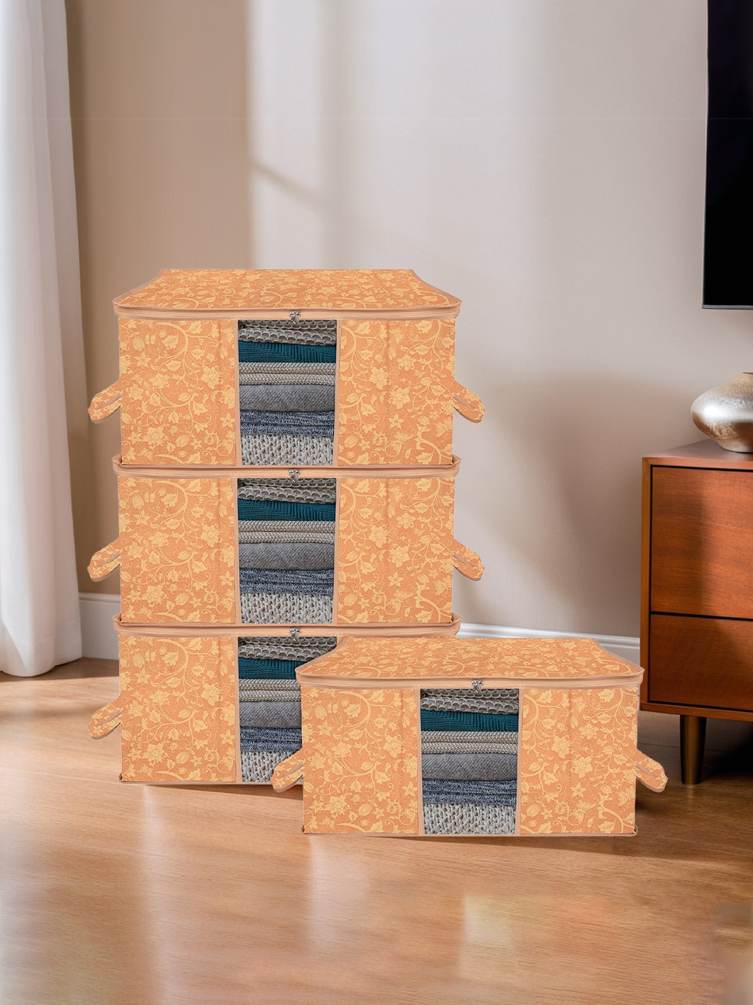 

Kuber Industries Orange & Mustard 4 Pieces Floral Printed Multi-Utility Organisers