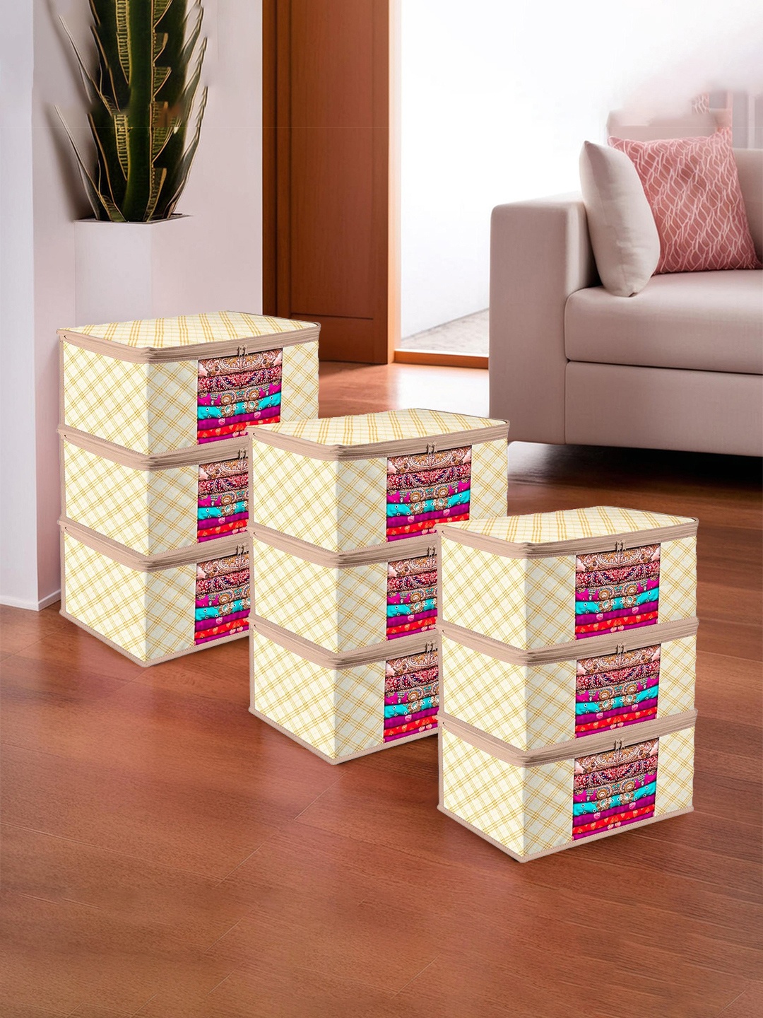 

Kuber Industries Cream-Coloured Set of 9 Checked Saree Organisers