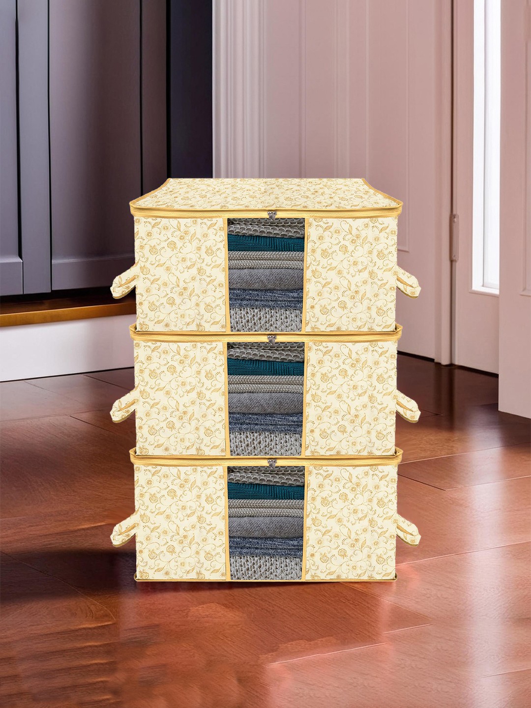 

Kuber Industries Cream 3 Pieces Printed Saree Organisers