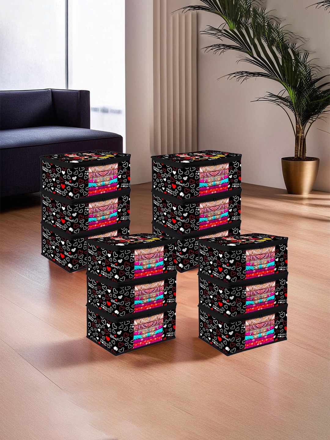 

Kuber Industries Black & Red 12 Pieces Cartoon Printed Zipper Saree Organisers