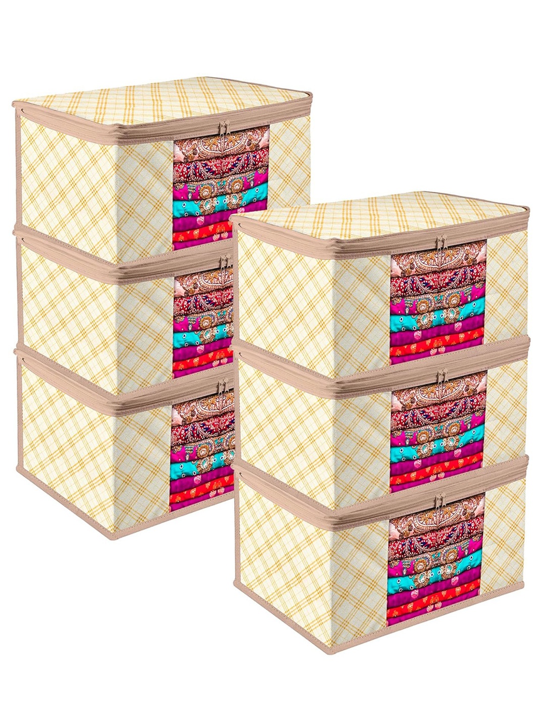 

Kuber Industries Cream & Brown 6 Pieces Checked Storage Bag Organiser