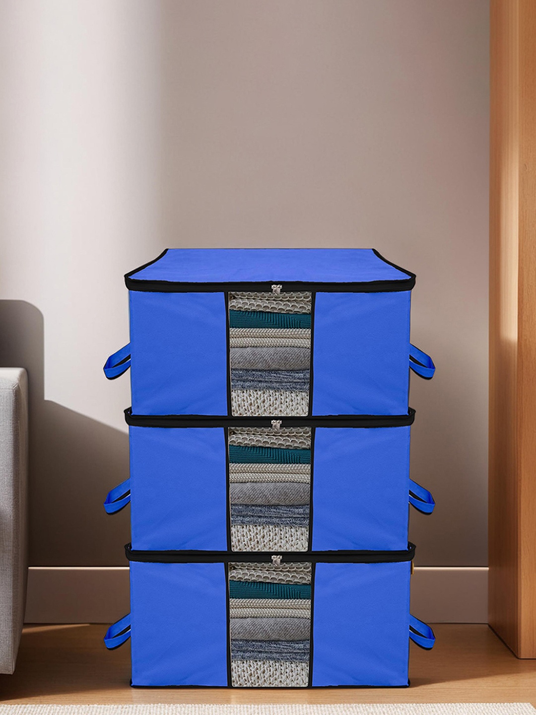 

Kuber Industries Blue & Black 3 Pieces Cloth Organisers With Handles