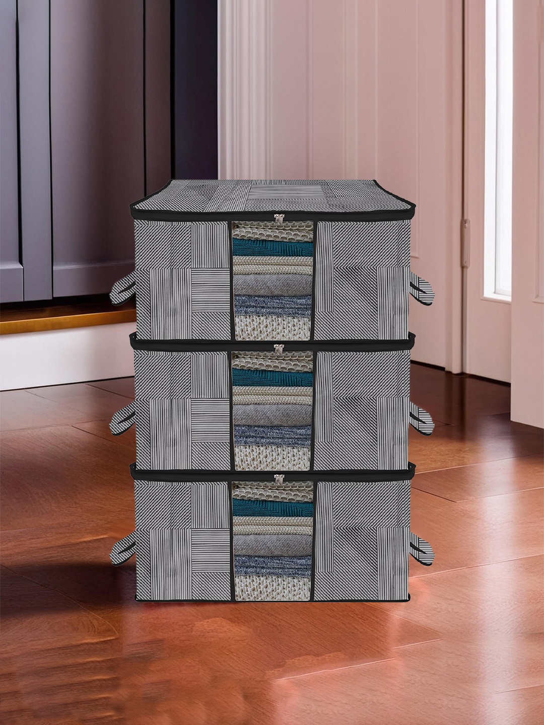 

Kuber Industries Grey & Black 3 Pieces Printed Storage Bag Organiser