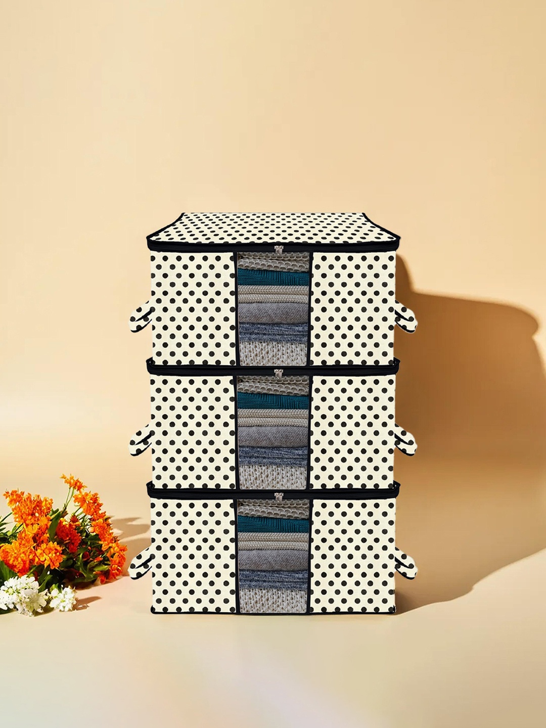 

Kuber Industries Cream & Black 3 Pieces Printed Storage Bag Organiser