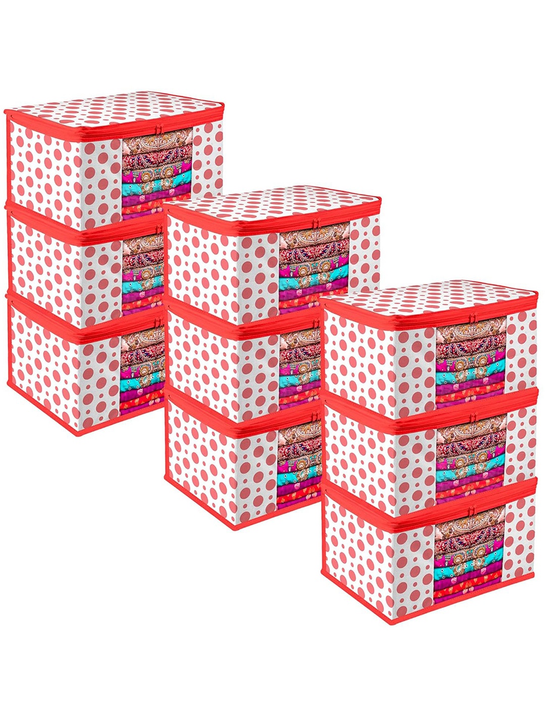 

Kuber Industries Red & White 9 Pieces Printed Saree Organizers